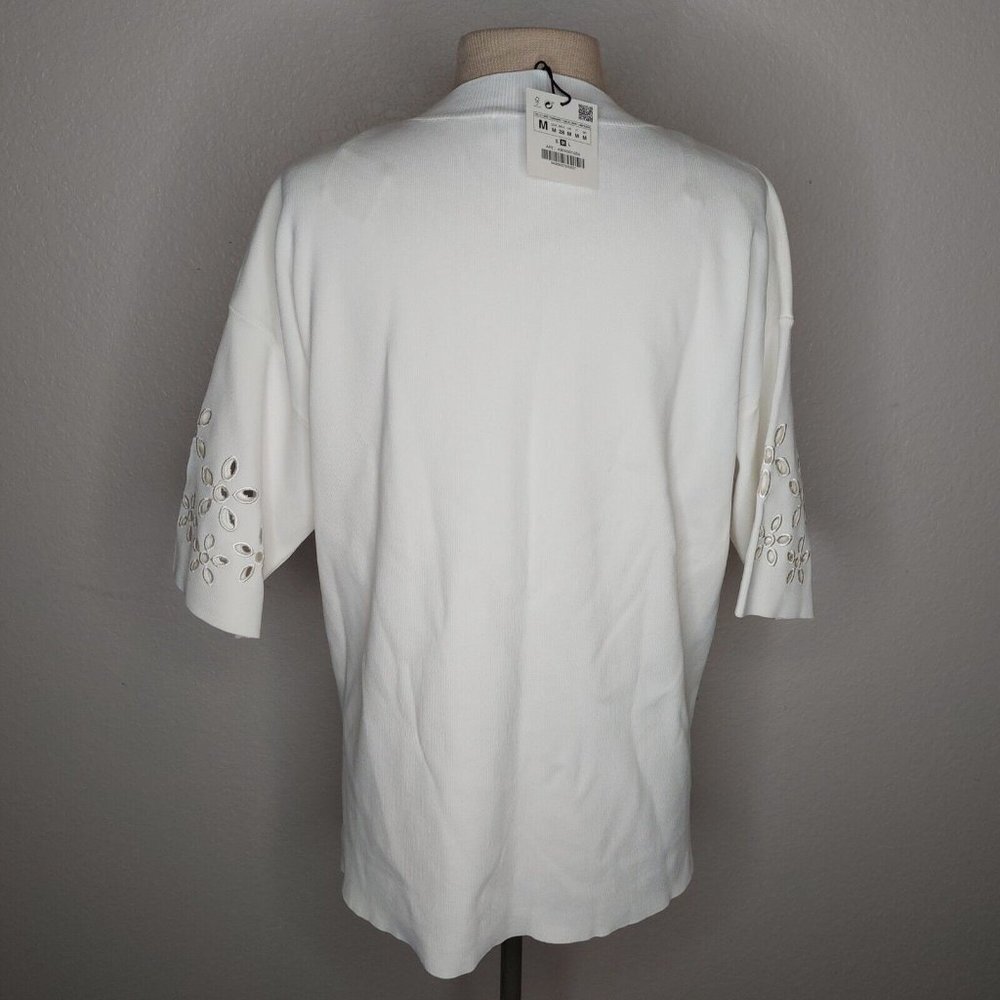 Zara Womens Top Medium Ribbed Short Sleeve Embroidered Flower Sleeves Ivory - Picture 6 of 16
